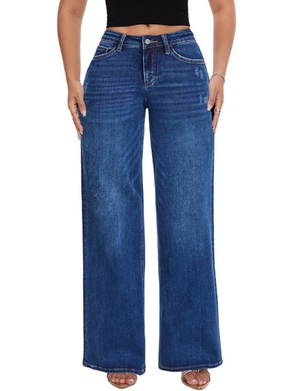 Wide Leg Baggy Jeans for Women | Mid Low Rise Stretchy Denim Pants